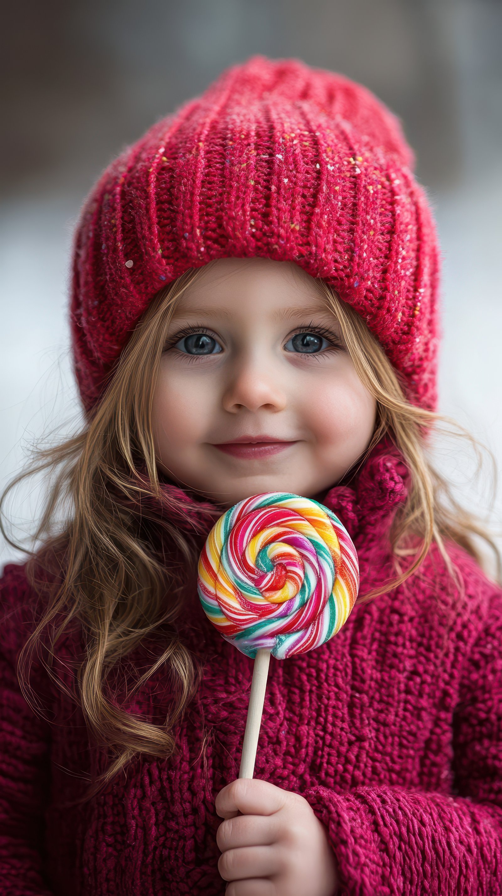 Young girl in a red winter hat smiles while holding a colorful lollipop outdoors in a snowy setting